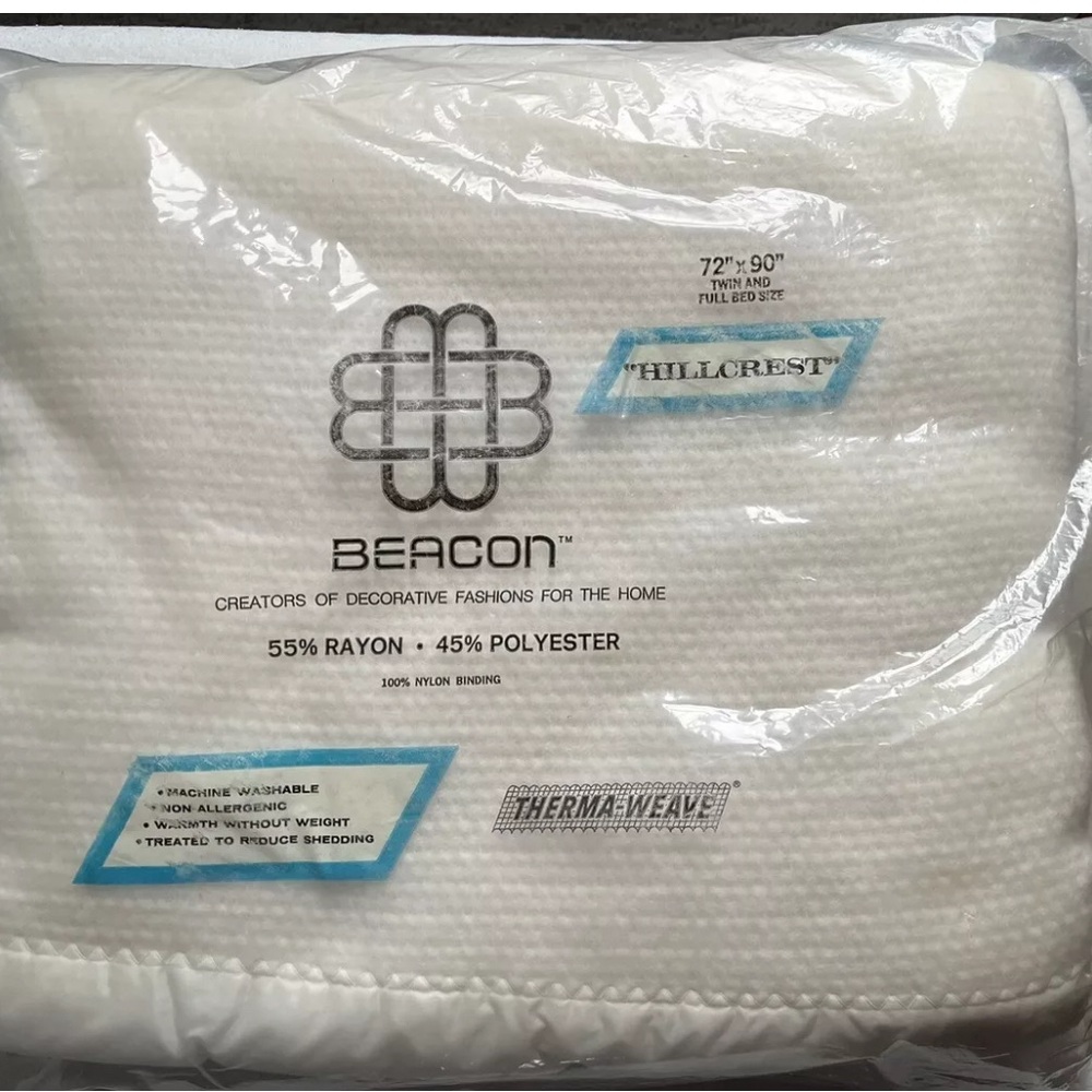 Vintage Hillcrest Beacon Blanket Twin Full 72 x 90 White Satin Trim ThermaWeave